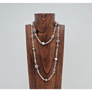 Brighton Crystal Ball Cube Pearl Gray Brown Silver Long Silver Necklace 42''